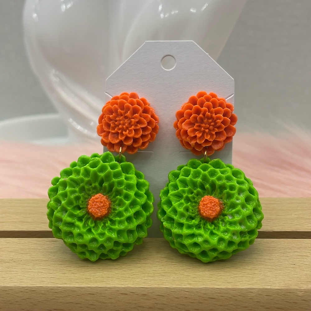 Handmade polymer clay earrings with hydrangea flower and dandelion flower
